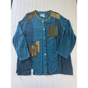 Faith by‎ Celia Forrester Women's Button Up Top Teal Blue XL Boho